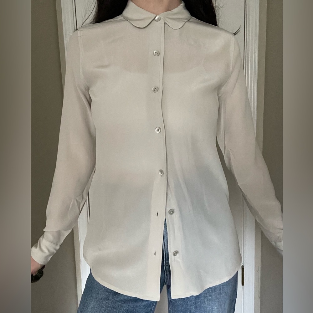 Everlane silk button down in taupe